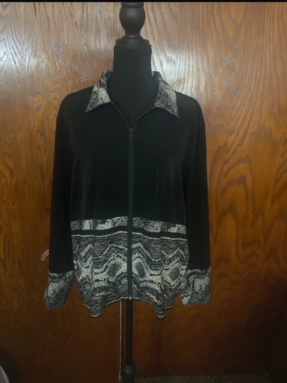 Black and Gray Zip-Front Women's Jacket with Patterned Trim